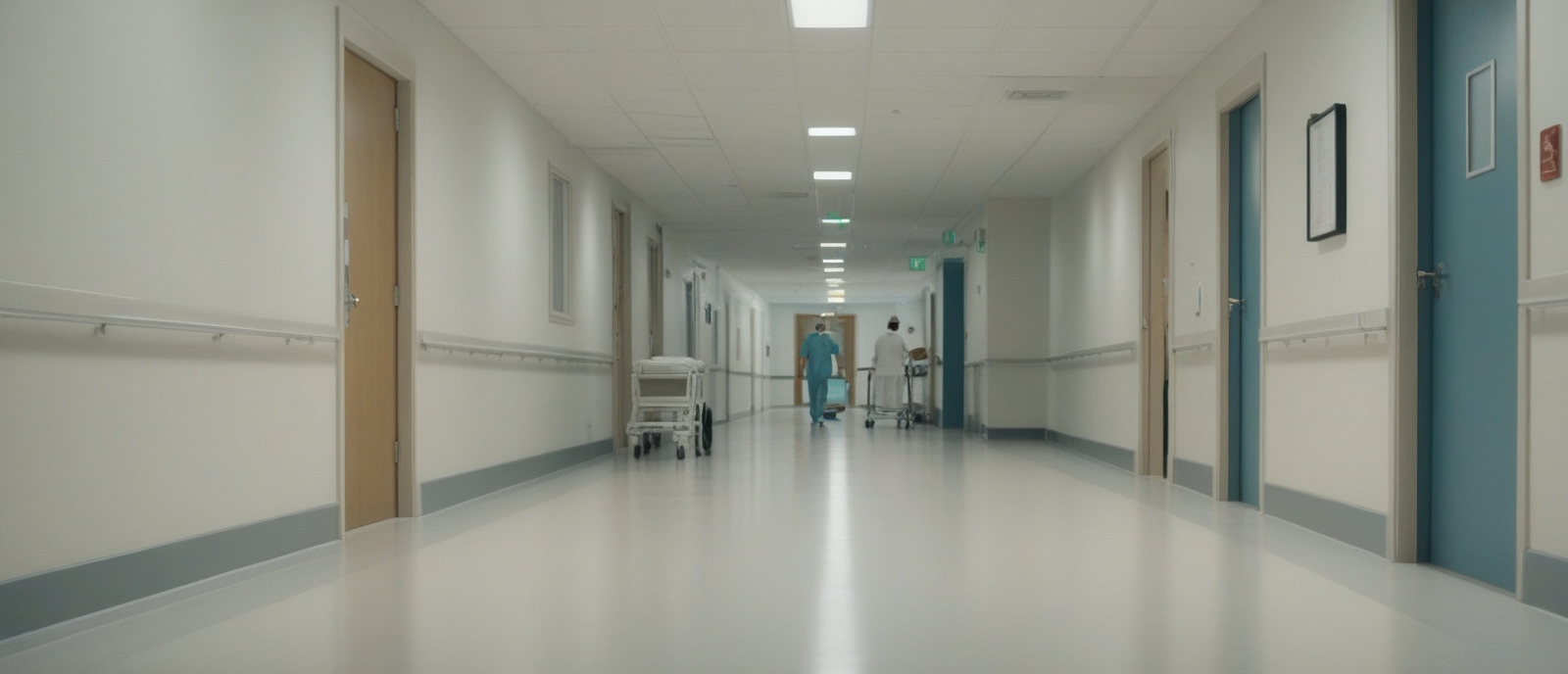 AI-generated image of a modern hospital corridor — clean overhead lighting, doors visible, a staff member walking in mid-distance.