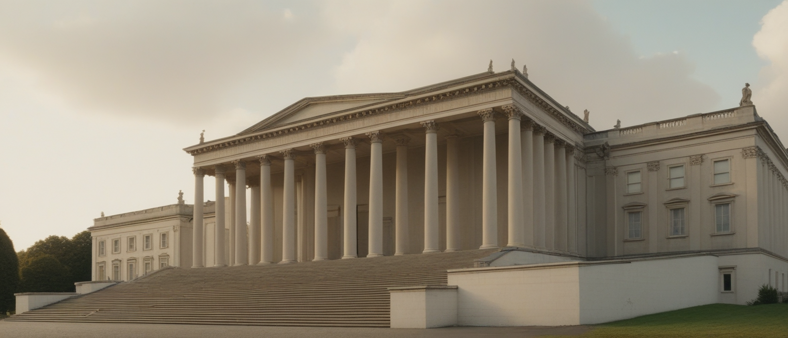 AI-generated architectural image of a civic / institutional building exterior — modernist composition, no people in frame.