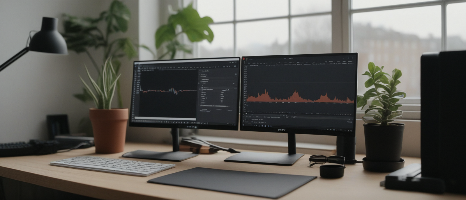 AI-generated image of an engineering workspace — monitors showing code, traces, and observability dashboards alongside a notebook of architecture sketches.